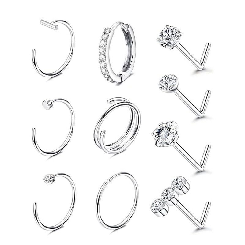 Cross-Border E-commerce Stainless Steel Zircon L Stud Personality R Straight Curved Rod Nose Septum Combination_voghion.com