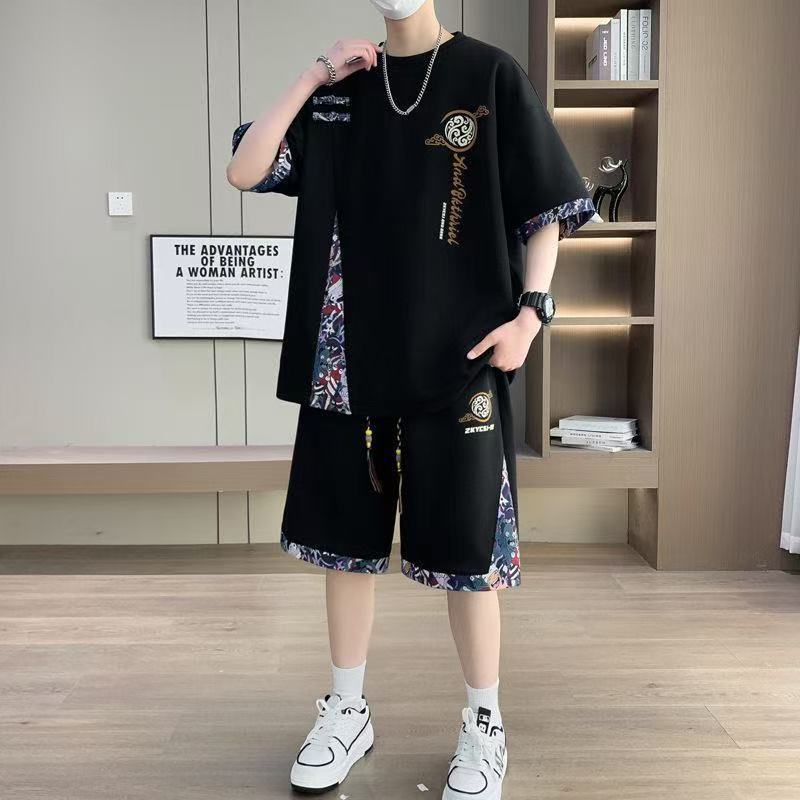 新しい中国風の半袖Tシャツメンズ夏七分袖カジュアルスポーツスーツ男の子着用ショートパンツセット|undefined
