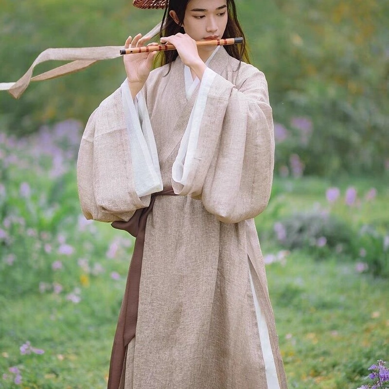 New Large-Sized Tencel Spring/Summer Men's Hanfu Style Zen-Inspired Elegant Song-Style Cross-Collar Long Robe for Men
