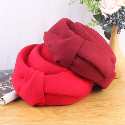 Hat women's new autumn and winter elegant bow woolen beret British retro fashion hat stewardess hat