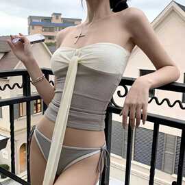 2026新款分体泳衣女长绳设计感小胸少女气质显瘦休闲度假泳装批发