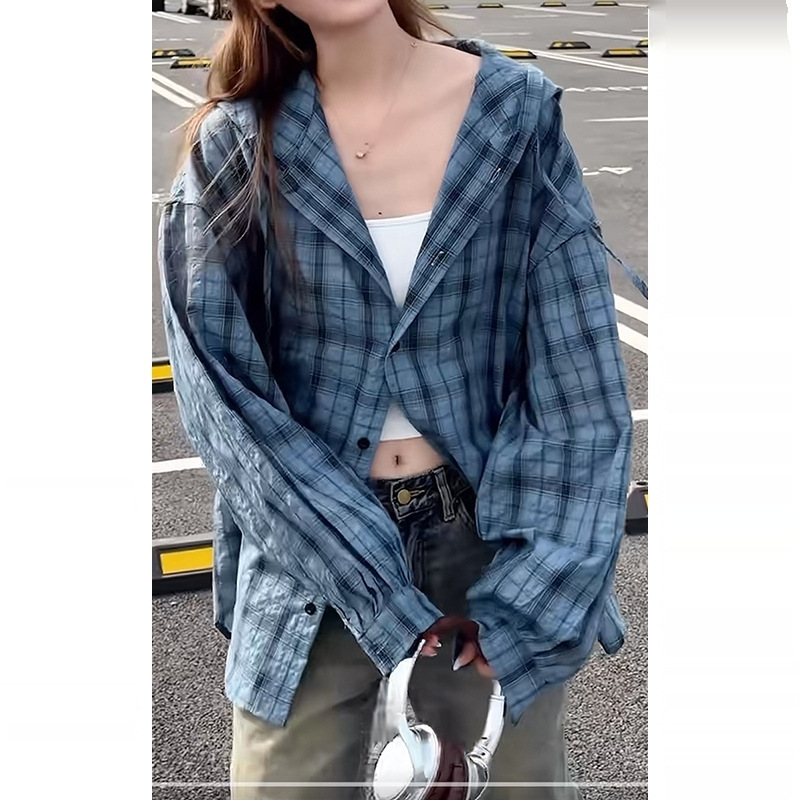 Long-sleeved Hooded Plaid Sunscreen Shirt Men's Summer Retro Ice Silk Quick-drying Casual Lazy Couple Shirt Jacket Men's