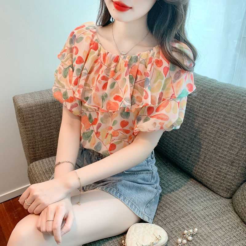夏の新しいデザインバブル半袖ニッチトップミントワンショルダー甘い花柄シフォンシャツ女性用|undefined