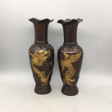 古玩收藏铜花口龙凤呈祥花瓶一对客厅家居摆件铜花瓶工艺品铜器