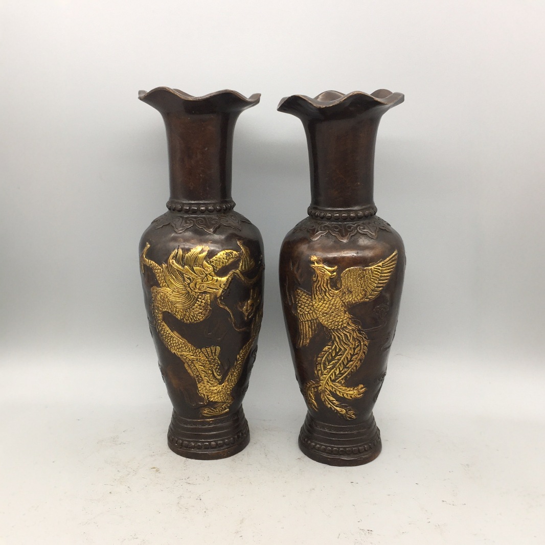 古玩收藏铜花口龙凤呈祥花瓶一对客厅家居摆件铜花瓶工艺品铜器