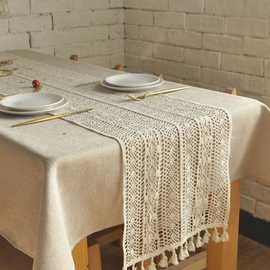 复古美式桌旗条纹手工钩针蕾丝田园编织钩花镂空文艺流苏茶几斗柜