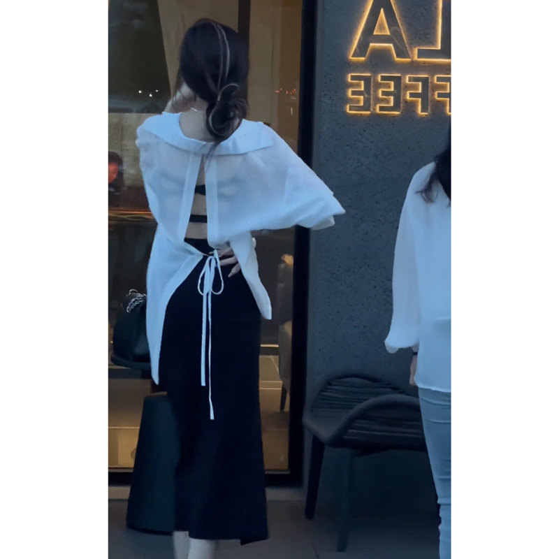 공식 피겨 백 스트랩 카디건 셔츠 태양 보호 의류 올매치 플리트 스플릿 스커트 세트