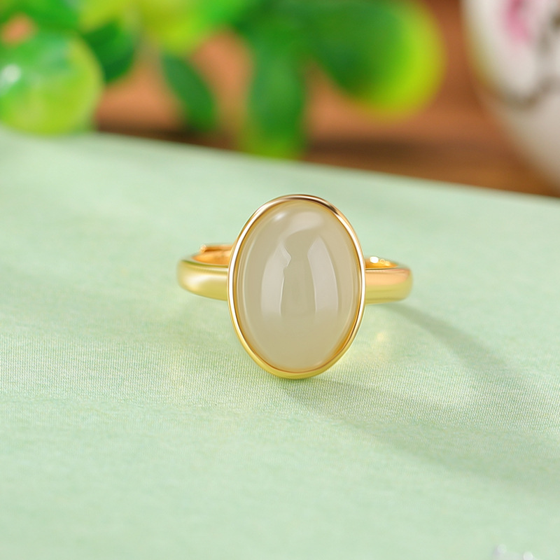 Nhẫn bạc S925 mạ vàng đính ngọc bích hình bầu dục phong cách đơn giản — Một chiếc