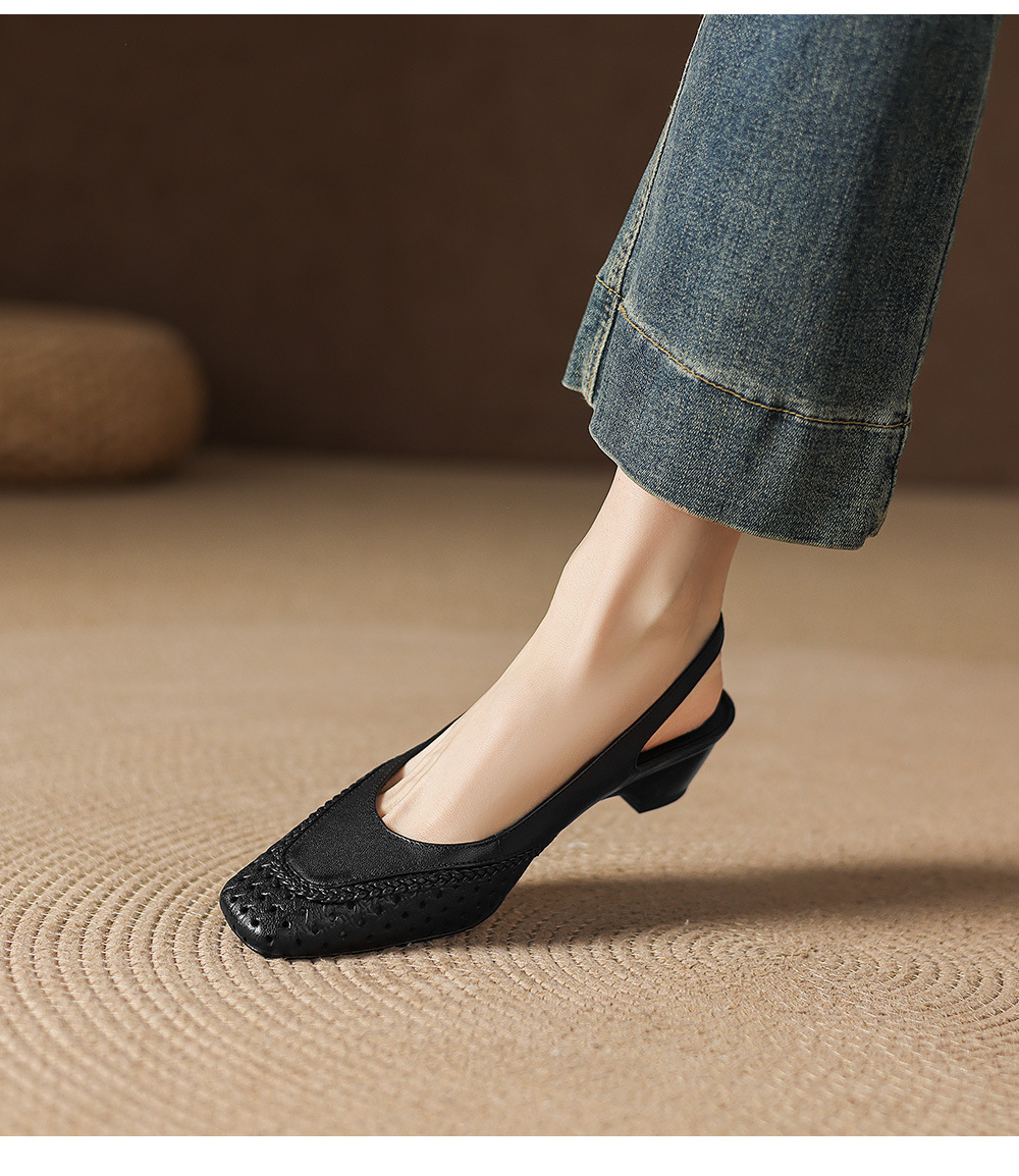 Sandal nữ gót thấp 3.5cm da cừu dệt mũi vuông kiểu Pháp quai một dây — đen chi tiết 16
