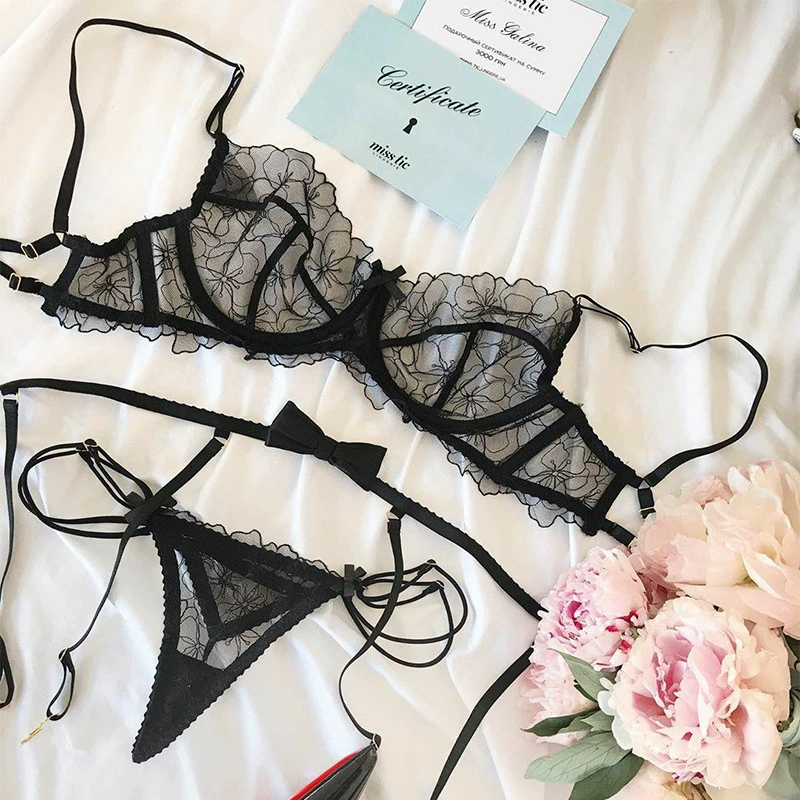 Прозрачное кружевное белье с бантом, набор, Aliexpress, европейский стиль, с вышивкой, кружевное платье