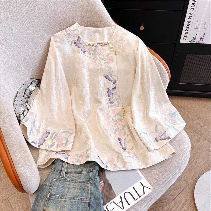 New Chinese Style National Style Embroidered Tang Suit Shirt for Women 2025 New Early Autumn Large Size Fat mm Belly-Covering Satin Shirt Top
