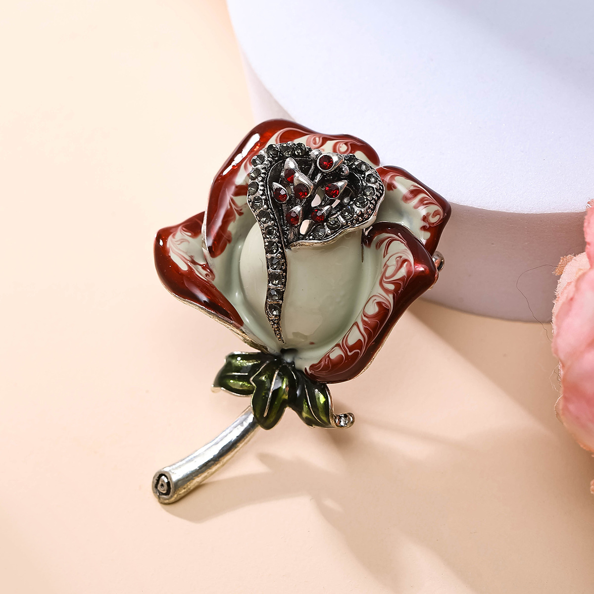 Hand-Painted Enamel Rose Brooch with Diamonds, Floral Dress Brooch, High-End Exquisite Vintage Pin, Rose Brooch