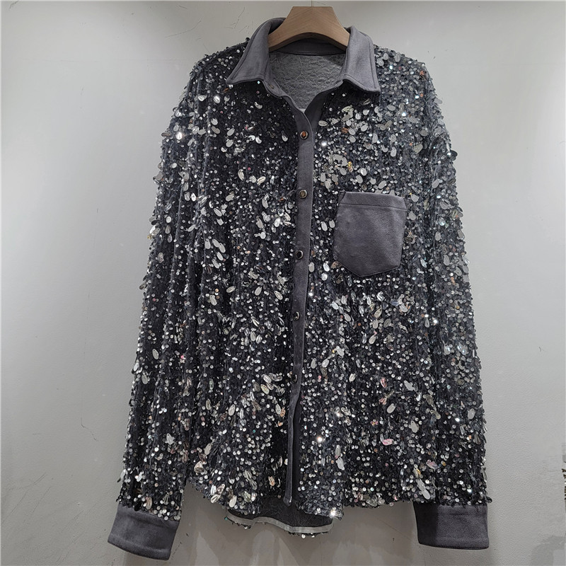 Diseño de cuentas de lentejuelas de estilo europeo y americano camisa de nicho avanzada moda relajada camisa casual moda femenina