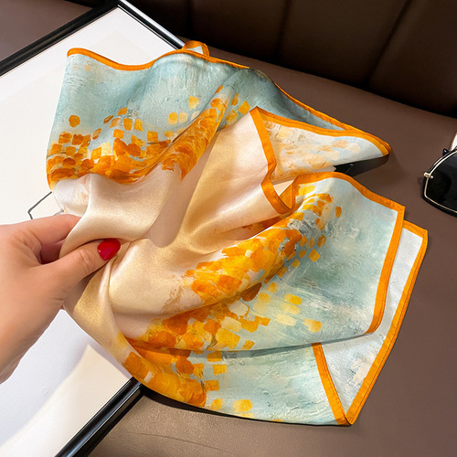 Korean version of spliced ​​literary retro oil painting 53 high-end mulberry silk silk scarf for women spring and summer scarf binding bag decoration