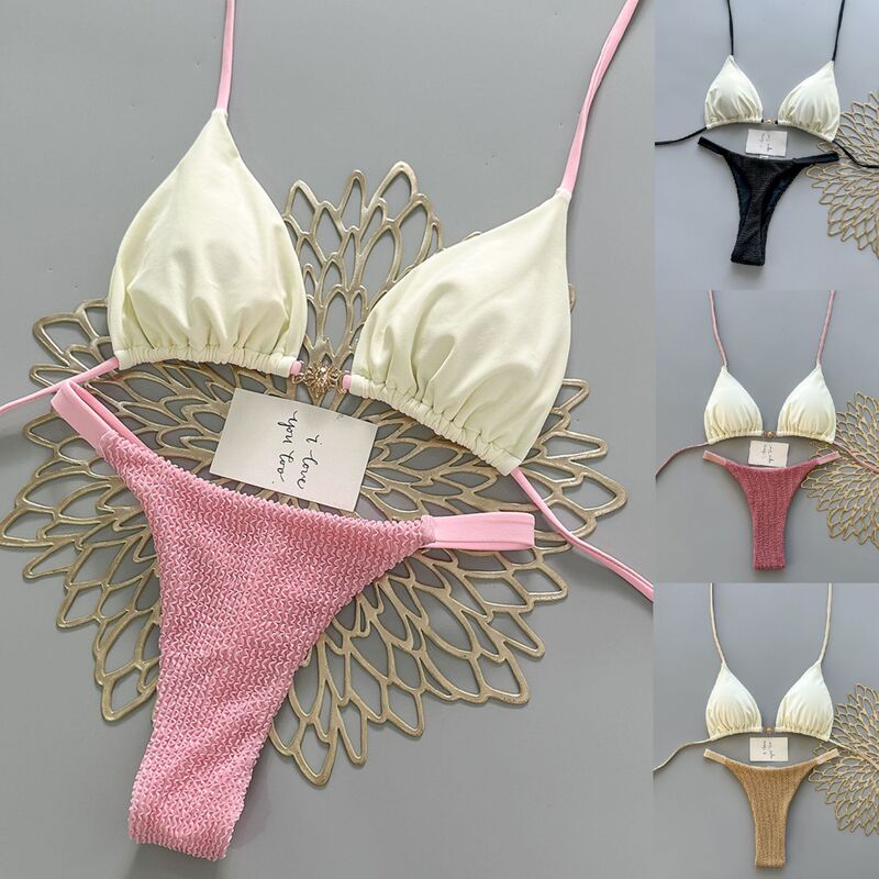 2026 New Foreign Trade Style Pink and White Color-Blocking Bikini with Tie Straps, Youthful Style Swimwear, Pure Desire Thong, Vacation Bikini 2026 New Foreign Trade Style Pink and White Color-Blocking Bikini with Tie Straps, Youthful Style Swimwear, Pure Desire Thong, Vacation Bikini