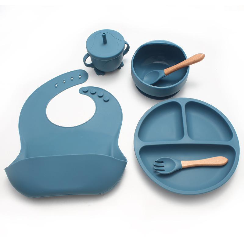 Vajilla para niños al por mayor transfronteriza, tazón de alimentos, plato de silicona, babero de tenedor y cuchara para bebé, juego de 8 piezas, productos maternos e infantiles a prueba de caídas