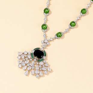 European and American cross-border new green bead necklace gold-plated micro-inlaid sapphire blue color zirconium socialite temperament long women's evening chain