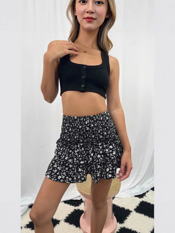 2025 新しいアマゾンヨーロッパとアメリカの女性のスカートプリーツスカートフリルプリントスカートファッション花柄ショートスカート|undefined