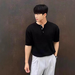Korean Style Trendy Brand Henry Collar Knitted Short-Sleeved Shirt for Men in Summer Loose Casual Vertical Stripess Design Half-Sleeved T-Shirt