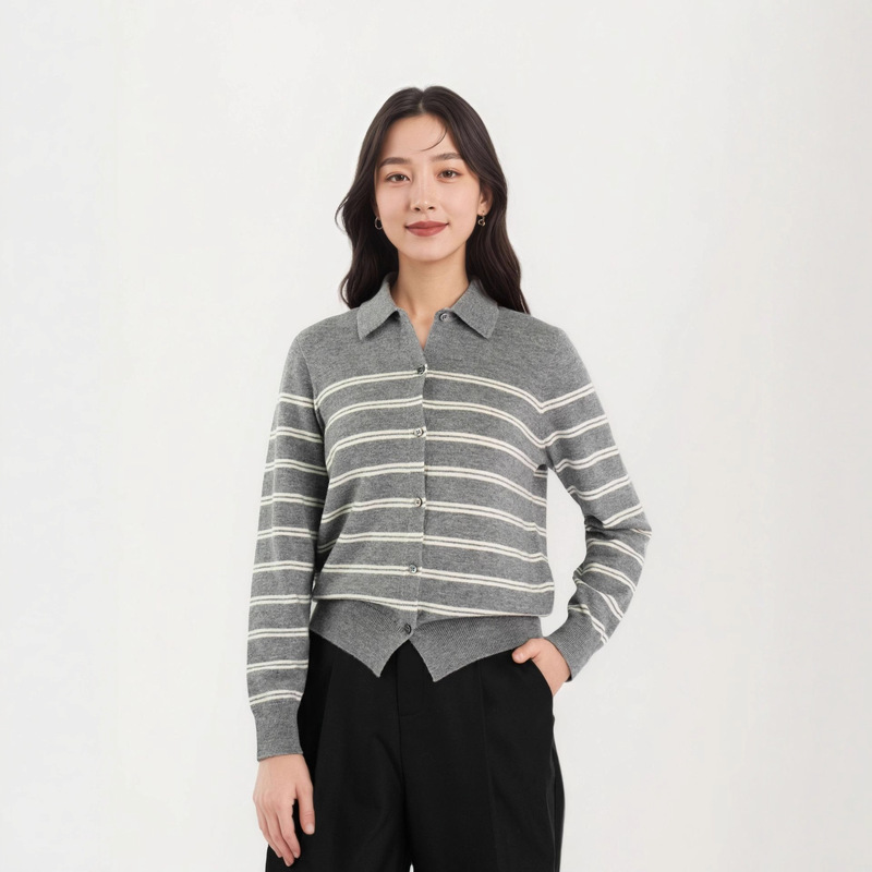 100 Sheep Wool Classic Stripesd Polo Collar Knitted Cardigan 2025 Autumn and Winter New Slim and High-Sense Women's Sweater