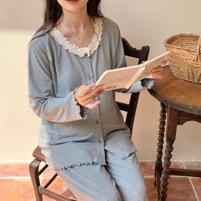[6211 in stock] Striped fleece-lined Moon Clothes Pajamas Long Sleeve Pregnant Women Home Clothes suit Pregnant Women Lactation Clothes Women