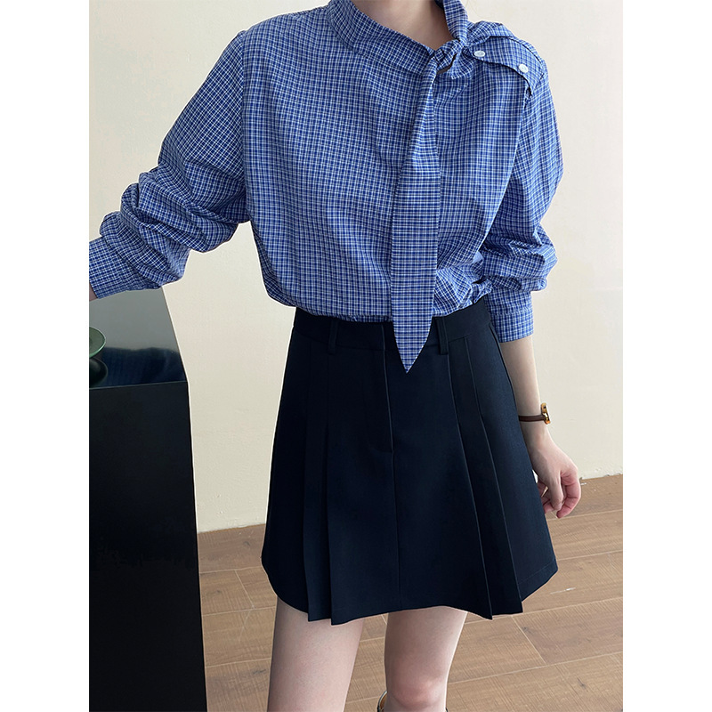 Aokawa 100 Cotton Blue Plaid Lace-up Long Sleeve Shirt Women's 24 Autumn Design Sense Elegant Loose Top 2623