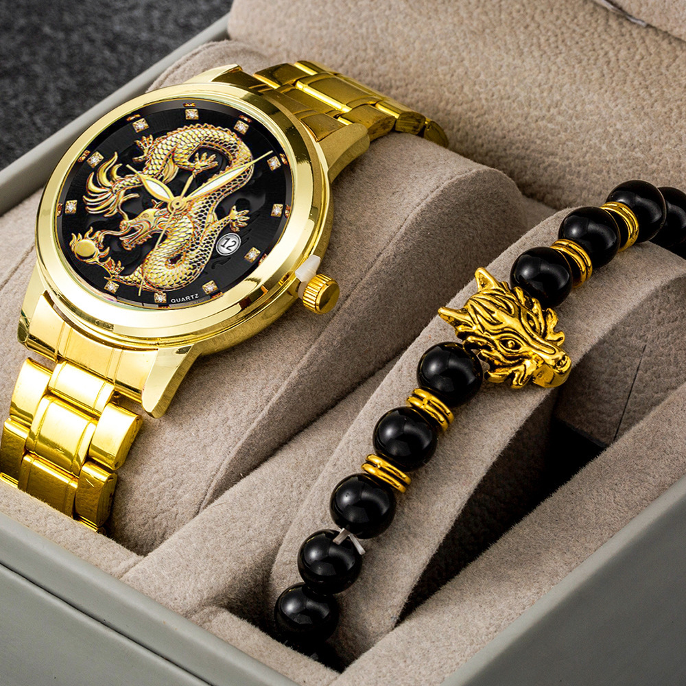 23 AliExpress non-mechanical watch men's ultra-thin stall watch calendar Golden Dragon luxury all-match bracelet suit