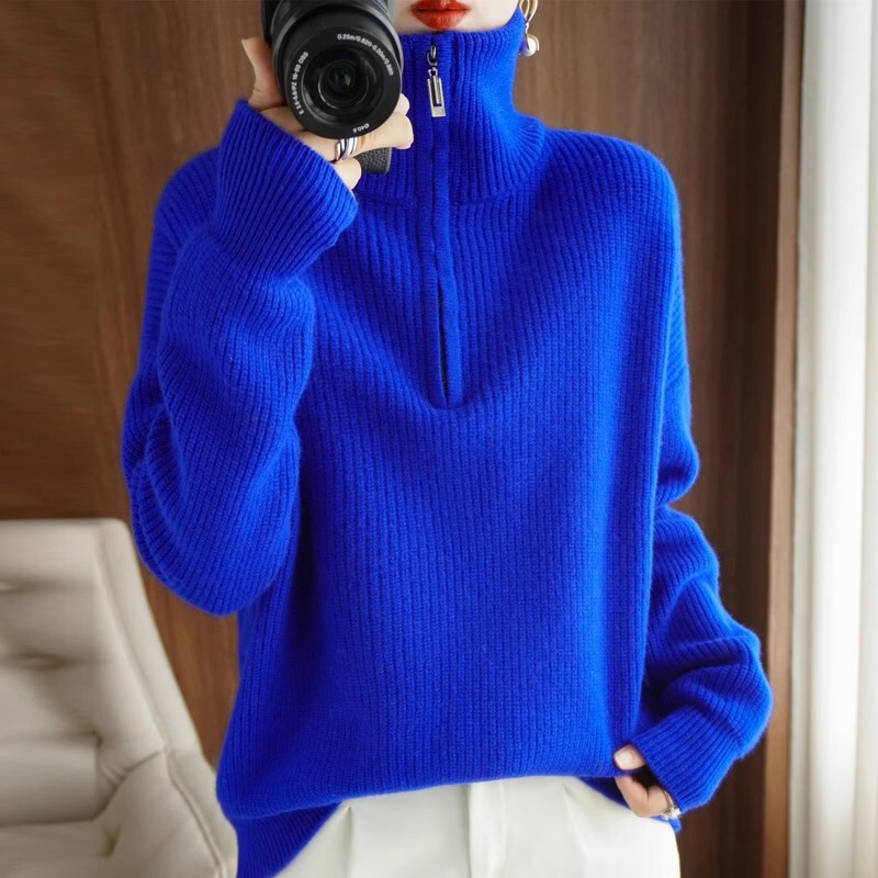 Winter Half-Zip Turtleneck Klein Blue Knitwear, Simple Casual Lazy Style Versatile Western Style Knitwear