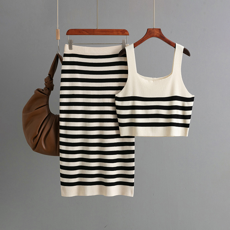 246g Weight Sleeveless Sleeve Length Ice Silk Fabric Type Leisure Suit Sets Type Daily Occasion Collarless Neckline Contrast Binding Function Slim Fit Type Stripes/Plaid Pattern Summer Season Women's Gender Basic, Commute style Style Daily Women's Basic Commute Style Stripes/Plaid Ice Silk Leisure Suit Skirt Sets 7