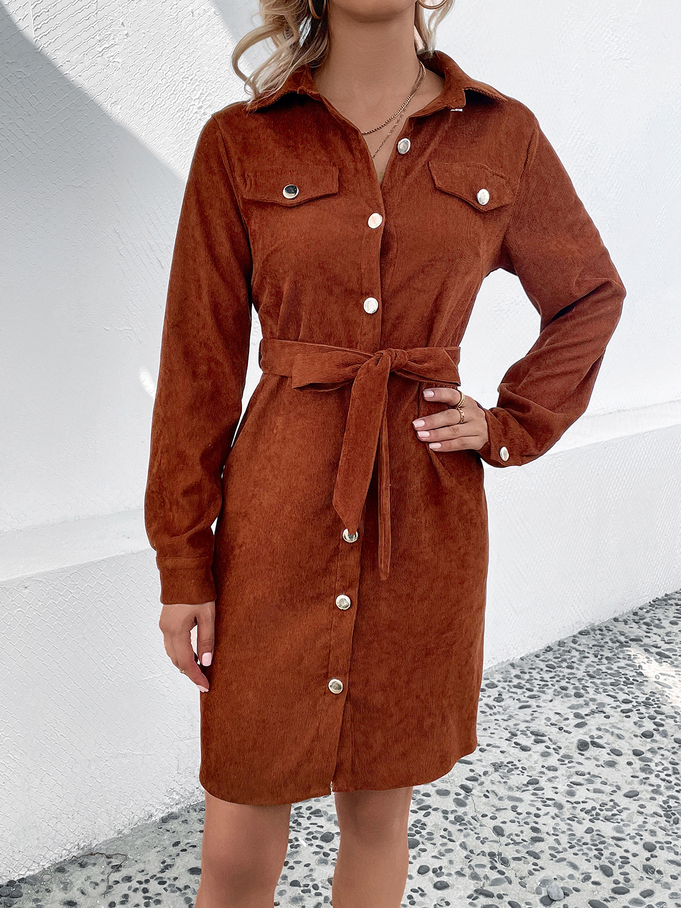 Women Collared Corduroy Belt Dress Spring Autumn Winter Women Clothing