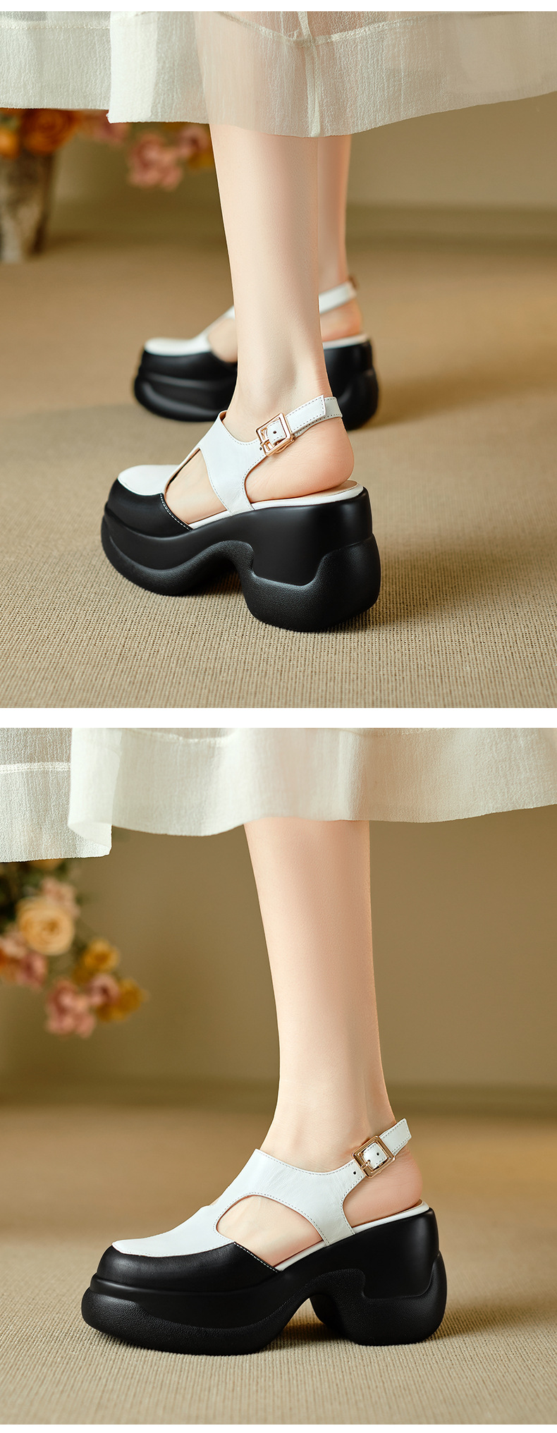 Sandal nữ da bò cao gót đế xuồng phong cách La Mã hở mũi — màu đen, màu trắng chi tiết 9