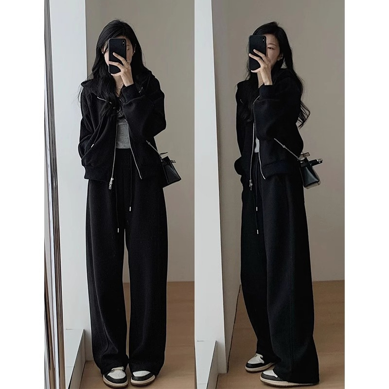 秋冬休闲卫衣运动衣服女套装时尚港风显瘦阔腿裤连帽跑步两件套潮|undefined