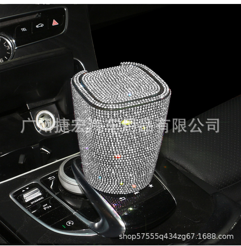 Diamond-Encrusted Car Ashtray for Women, Creative and Personalized Hot Diamond Flame-Retardant Covered Multi-Functional Crystal Popular Car Ashtray