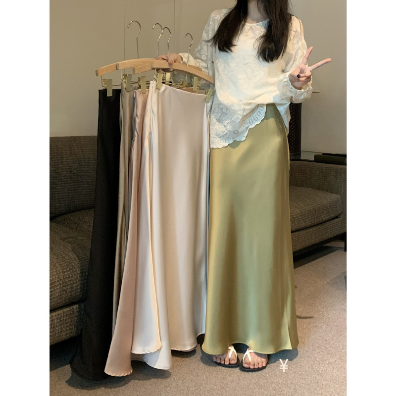 Silk Acetate Satin Skirt Women's Summer High-Waisted Slimming Fishtail Skirt Champagne Color Elegant Long Skirt