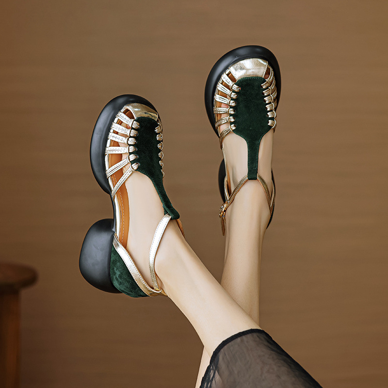 Sandal nữ quai ngang dệt mảnh da lộn, gót vuông ổn định, đế dày ghép màu — Màu đen