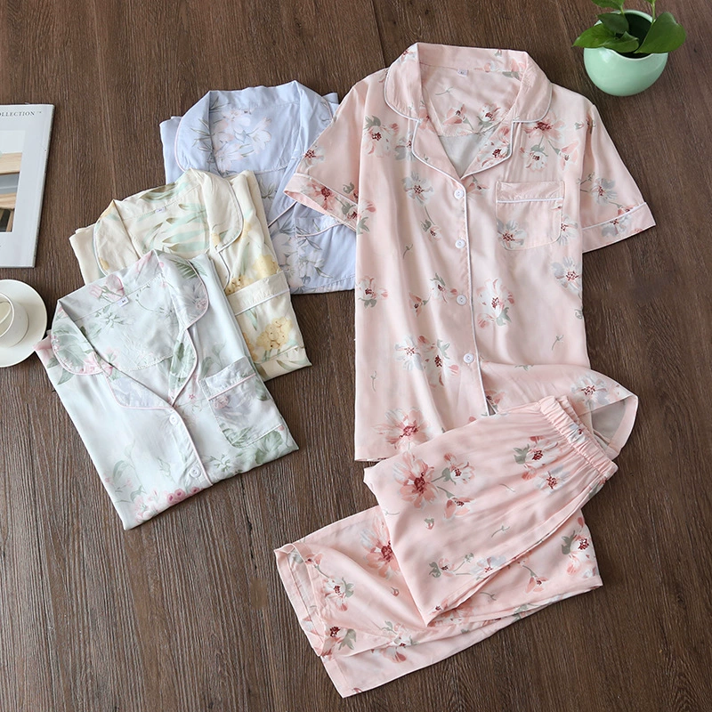 Летняя Женская хлопковая шелковая Домашняя одежда с короткими рукавами, костюм, брюки, тонкая дышащая Пижама с пряжкой из искусственного хлопка с принтом, свободные