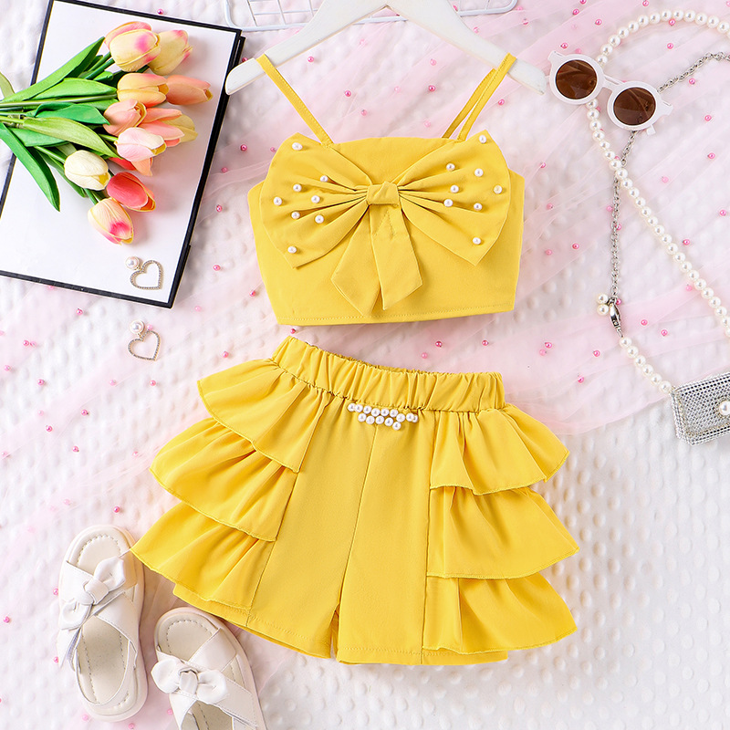 160g Weight Kids Clothing Sets Children's Clothing Type Sleeveless Sleeve Length Polyester Fabric Type Shorts Sets Sets Type 2 Pieces Set Quantity Casual, Daily Occasion Collarless Neckline Regular Fit Fit Type Solid Color Pattern 2025 Spring and Summer Season Girl'S Gender Pearl Design Simple Style Style Pink, Purple, Yellow Color Simple Style Solid Color Pearl Polyester Girls Clothing Sets 无