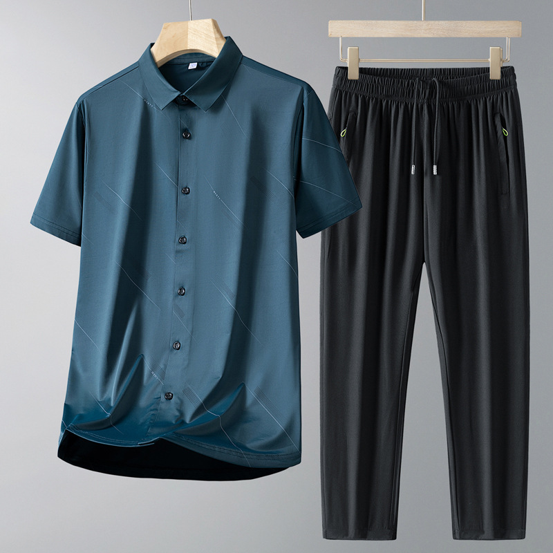 Papa de verano 2025 nuevo traje casual para hombre delgado cardigan de manga corta Polo cuello rayado de hielo dos piezas para hombre