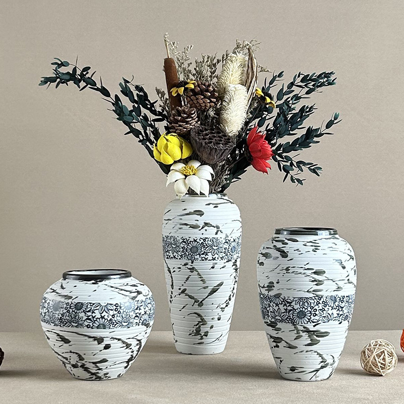 Jingdezhen Retro Vase Tea Room Zen Handmade Flower Pot Carved Flower Pot Clay Pot Pottery Spherical Bed and Breakfast Artsy