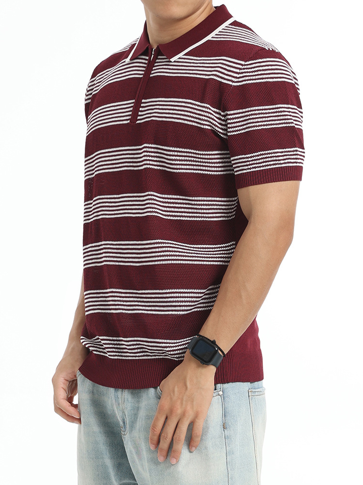 Hombres de alto nivel con cremallera con collar de hielo polo camisa de verano de punto de manga corta de negocios casuales chaqueta a rayas de hombre