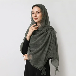细格纹蕾丝花边 hijab 包头长巾装饰女披肩轻薄透气外贸纱巾货源