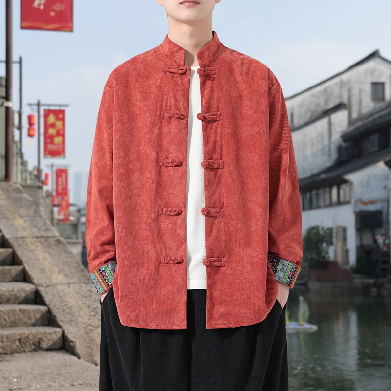 2025 Autumn Retro Men's Shirt Jacket Corduroy Jacket Button Stand Collar Chinese Style New Chinese Style Long Sleeve Jacket