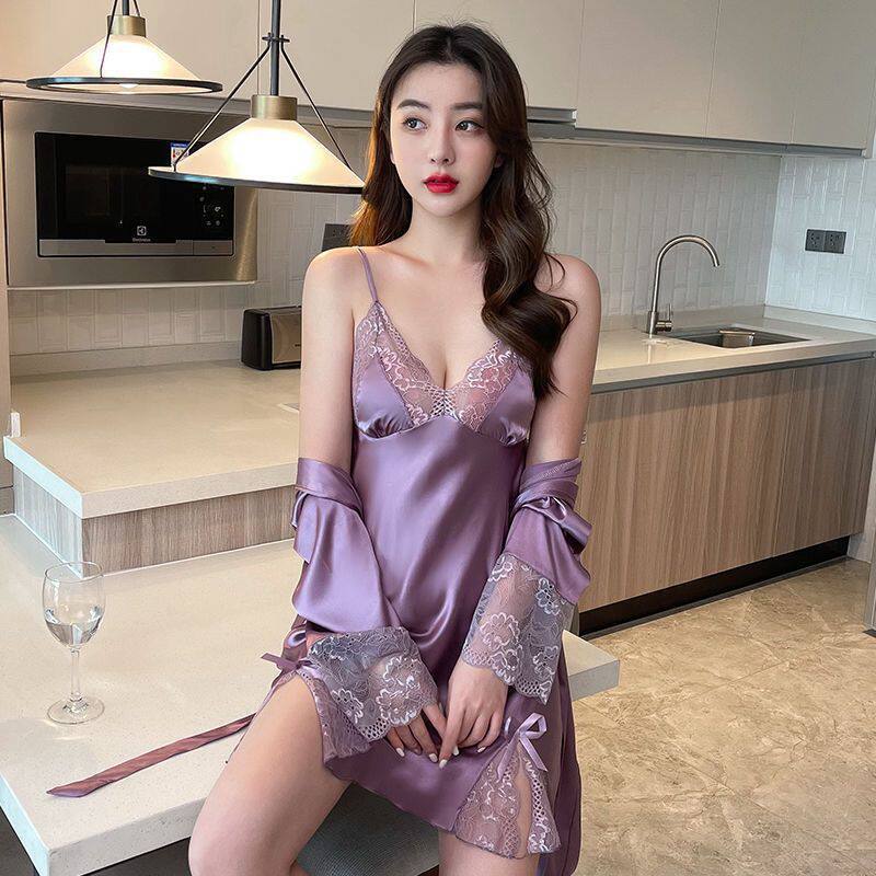 Cross-Border Sexy Women's Summer Ice Silk Thin Lace 2026 New Style Camisole Nightgown Robe Set Spring