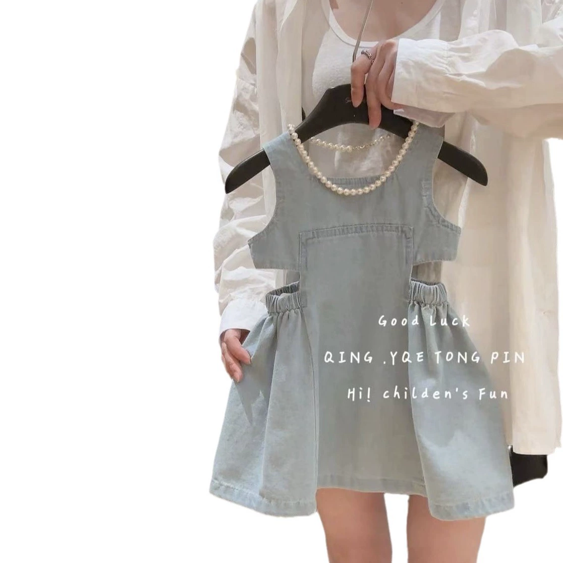 Denim Summer Overall Dress for Girls, Korean-Western Style, Cotton Denim, Sizes for 90–140 cm
