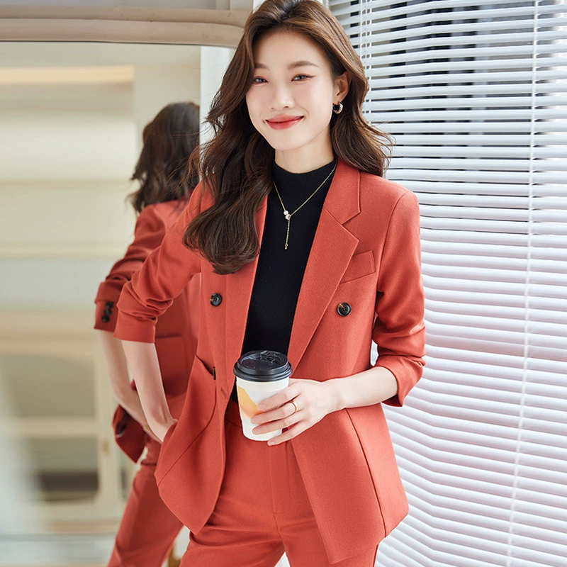 Classic women's demi-season suit set — blazer and trousers, brown, sizes S–4XL