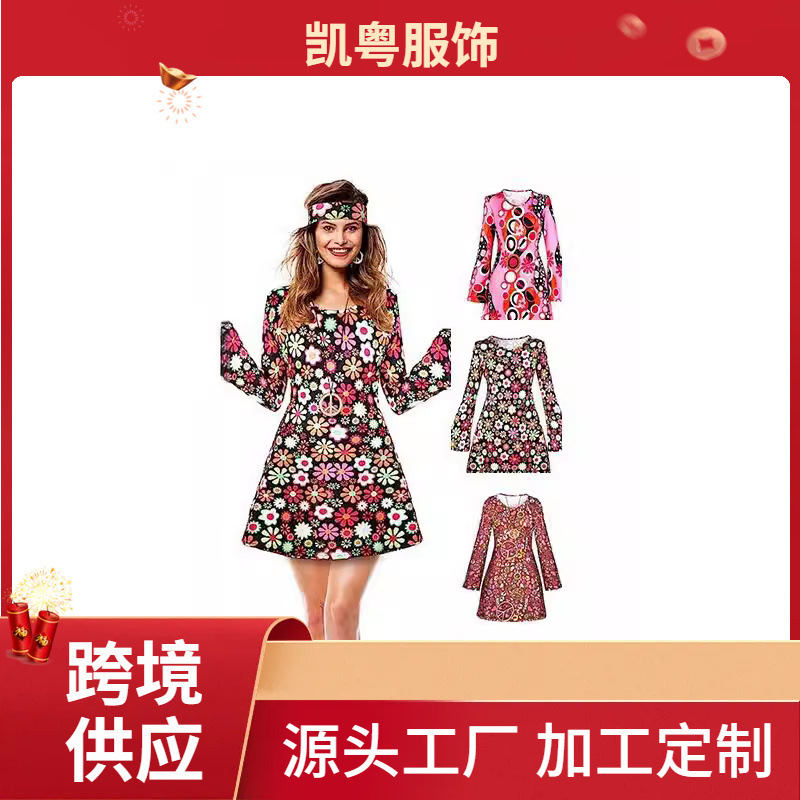 Cross-border foreign trade European and American Amazon Halloween Printing Dress s hippie Horn long sleeve headscarf dress
