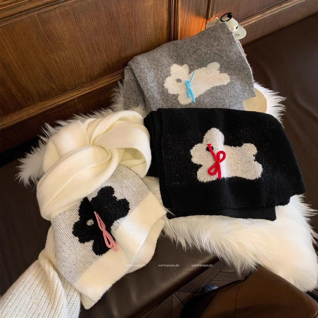 Winter 2024 New Warm Knitted Female Cute Rabbit Bow Leisure Outdoor Windproof and Cold resistant Scarf_voghion.com