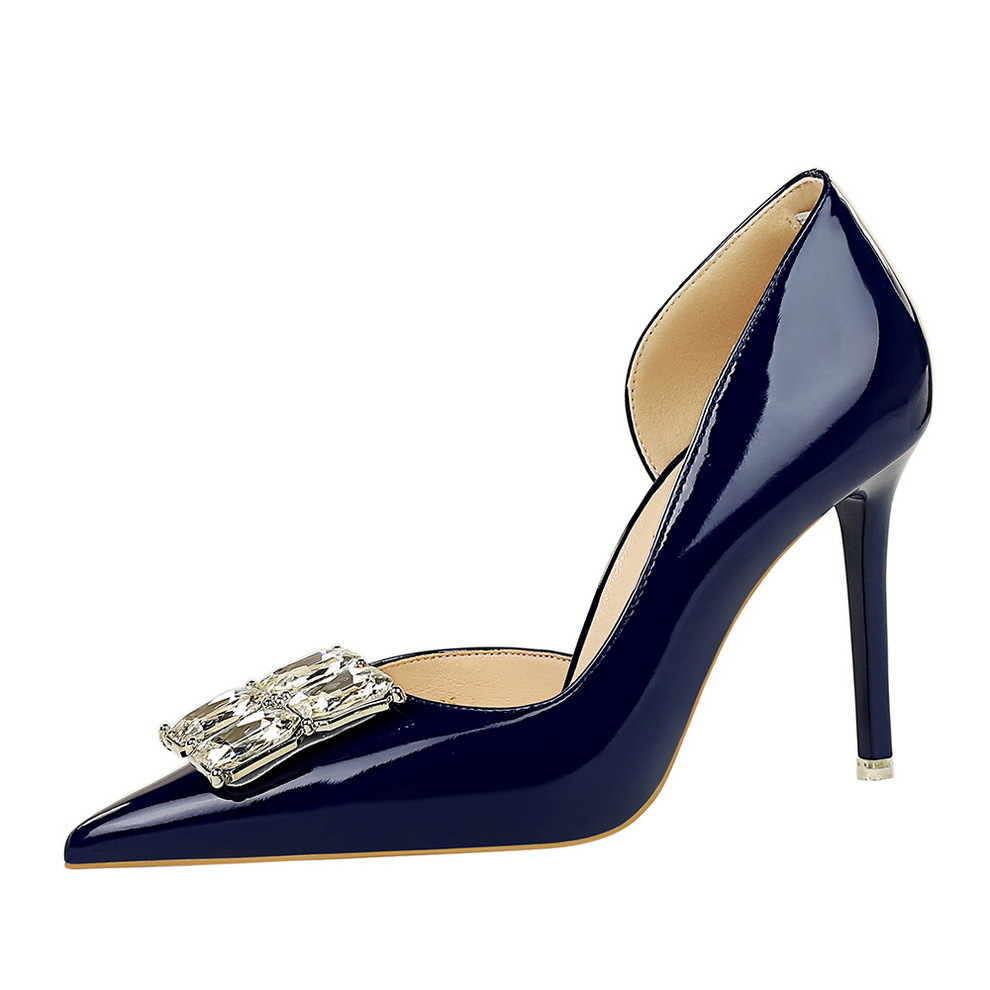 638-K58 style banquet women's shoes, super high heels, thin heels, patent leather, shallow mouth, pointed square rhinestone buckle, single shoe for women