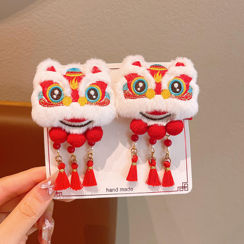 2025 Año Nuevo de peluche despierta león clips de Año Nuevo niñas clips de cabello bebé estilo chino Hanfu clips de cabello adornamiento
