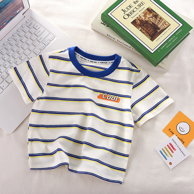 New Children's Short-Sleeve T-Shirt, 95% Cotton, Class A, Boys' Summer Striped Half-Sleeve Top, Direct from Manufacturer